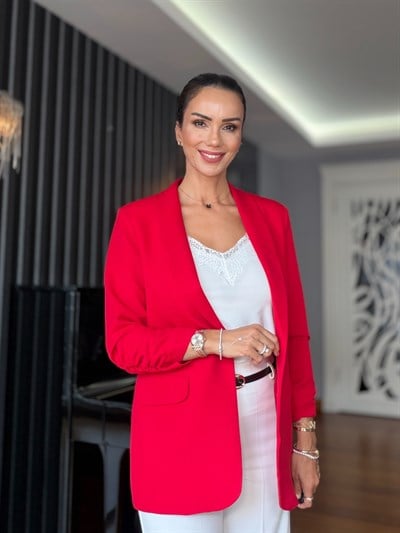 Kırmızı Kol Büzgü Detaylı Blazer 