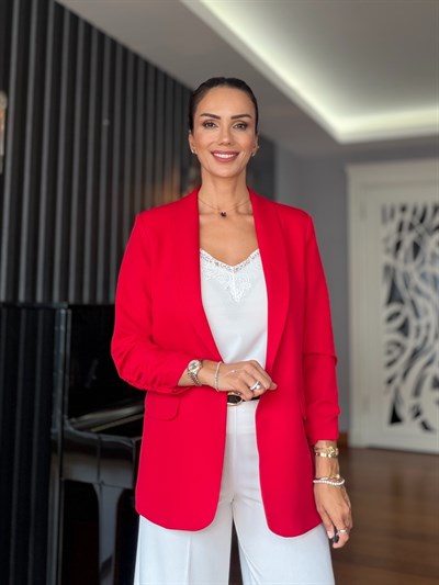 Kırmızı Kol Büzgü Detaylı Blazer 