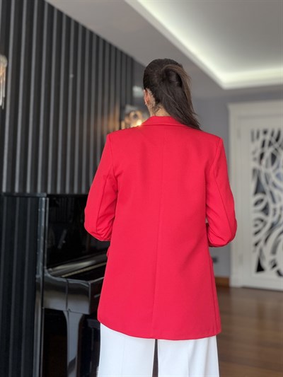 Kırmızı Kol Büzgü Detaylı Blazer 
