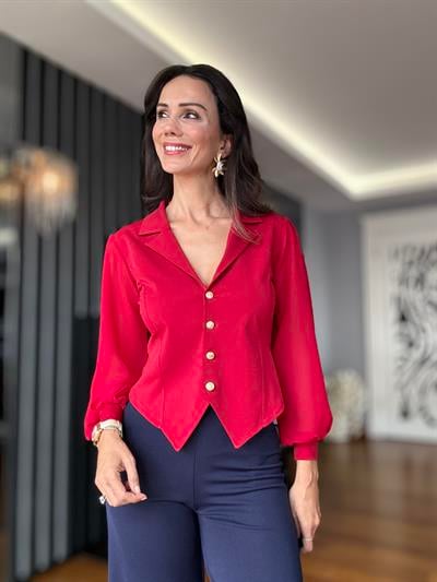 Kırmızı Kolları Şifon Ceket Yaka Bluz