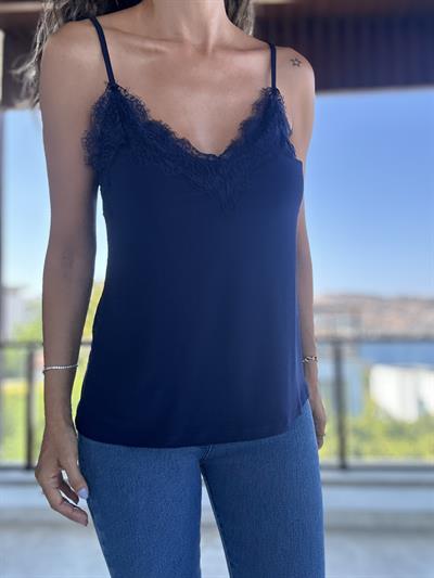 Koyu Lacivert Dantelli Askılı Bluz