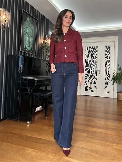 Lacivert Yüksek Bel Geniş Paça Kot Pantolon