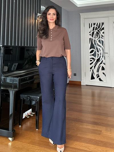 Lacivert Beli Lastikli Flare Pantolon