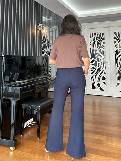 Lacivert Beli Lastikli Flare Pantolon