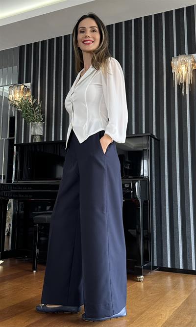 Lacivert Beli Lastikli Geniş Kesim Pantolon
