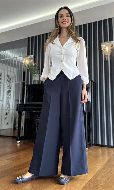 Lacivert Beli Lastikli Geniş Kesim Pantolon