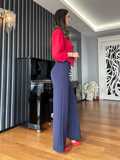 Lacivert Beli Lastikli Krep Pantolon
