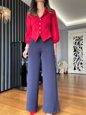 Lacivert Beli Lastikli Krep Pantolon