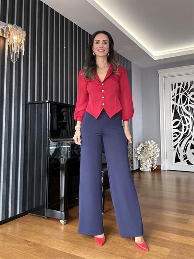 Lacivert Beli Lastikli Krep Pantolon