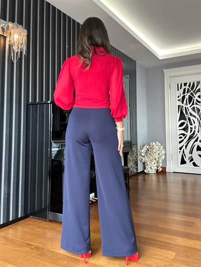 Lacivert Beli Lastikli Krep Pantolon