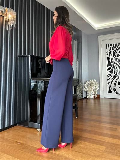 Lacivert Beli Lastikli Krep Pantolon