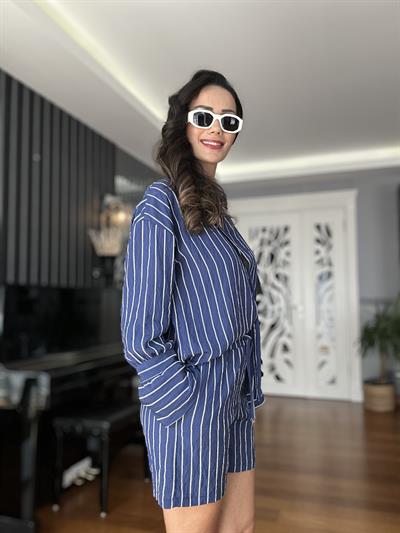 Lacivert Çizgili Şort Gömlek Takım 