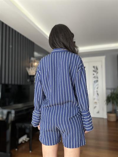 Lacivert Çizgili Şort Gömlek Takım 