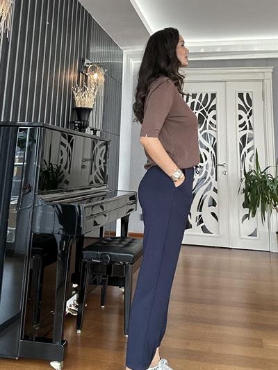 Lacivert Likralı Beli Lastikli Paçası Düğmeli Modal Pantolon