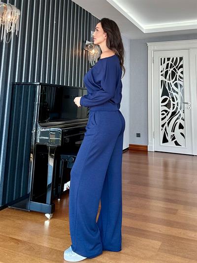 Lacivert Modal Kayık Yaka Bluz Pantolon Takım