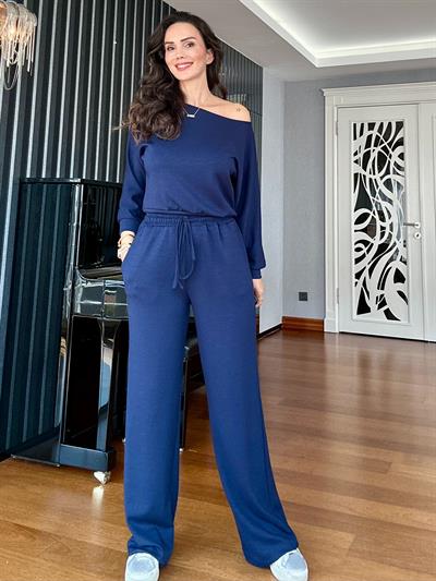 Lacivert Modal Kayık Yaka Bluz Pantolon Takım
