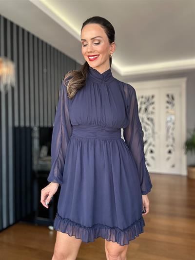 Lacivert Şifon Mini Elbise