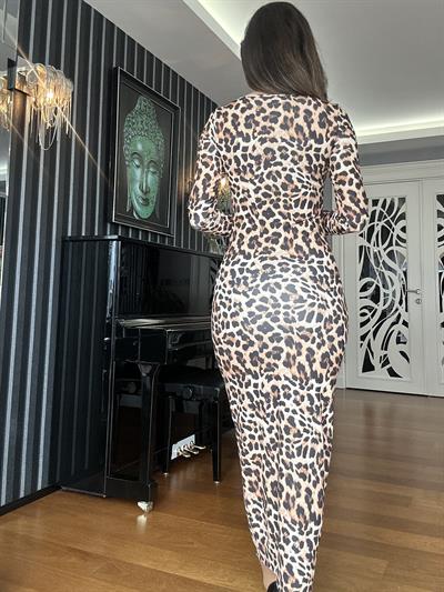 Leopar Desen Kare Yaka Elbise