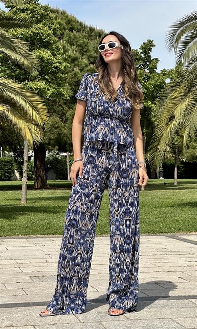 Mavi Bej İnce Fitilli Bluz Pantolon Takım