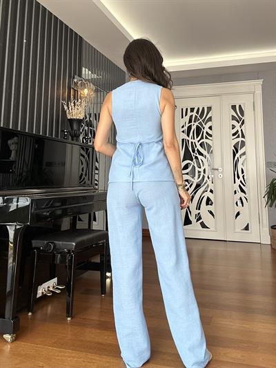 Mavi Keten Yelek Pantolon Takım 