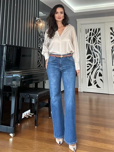 Mavi Yüksel Bel  Palazzo Denim Pantolon