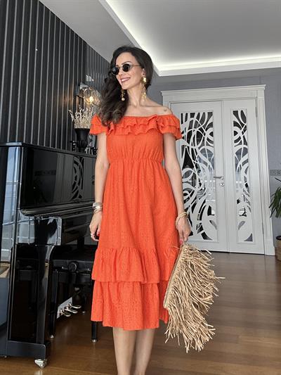 Nar Çiçeği Madonna Yaka Fisto Elbise