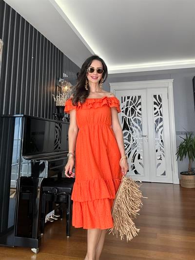 Nar Çiçeği Madonna Yaka Fisto Elbise