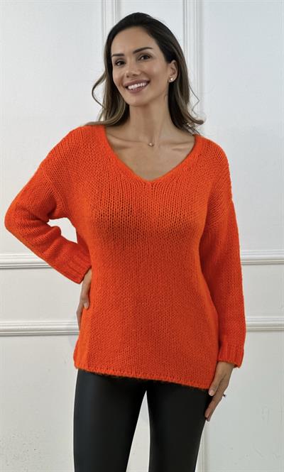 Orange V Yaka Yumuşak Örgü Kazak