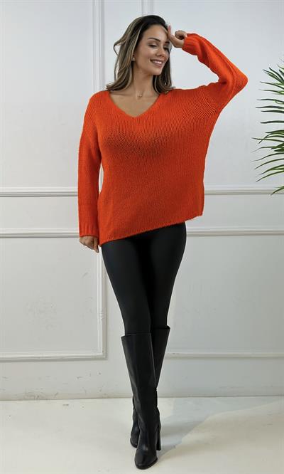 Orange V Yaka Yumuşak Örgü Kazak