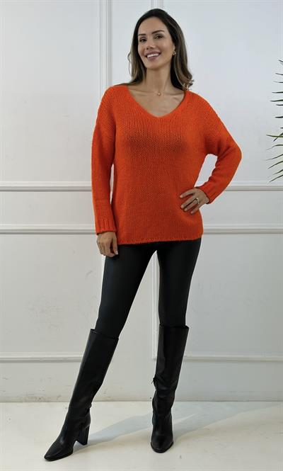 Orange V Yaka Yumuşak Örgü Kazak