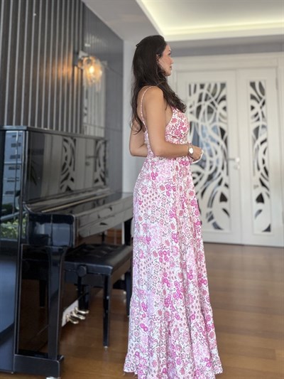 Pembe Çiçek Desenli Askılı Maxi Elbise