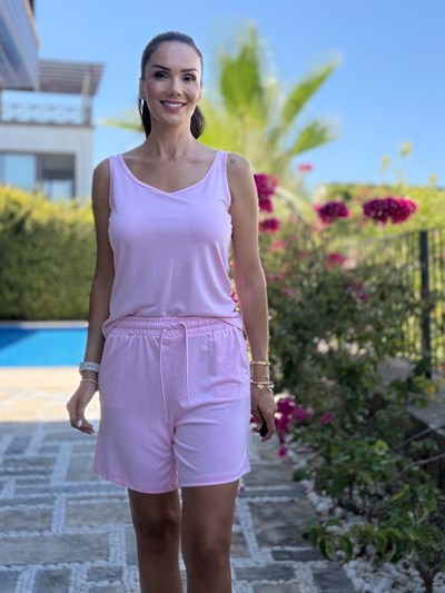 Pembe Modal Beli Lastikli Şort Atlet Takım