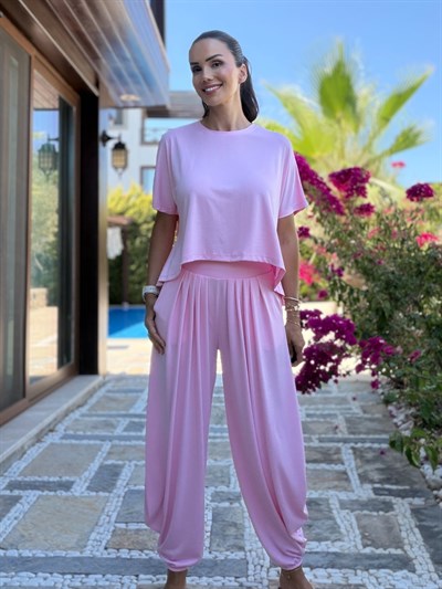 Pembe  Pileli Modal Şalvar Pantolon Bluz Takım