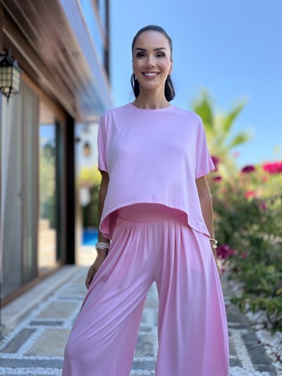 Pembe  Pileli Modal Şalvar Pantolon Bluz Takım