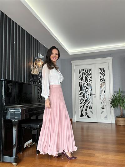 Pembe Şifon Piliseli  Maxi Etek