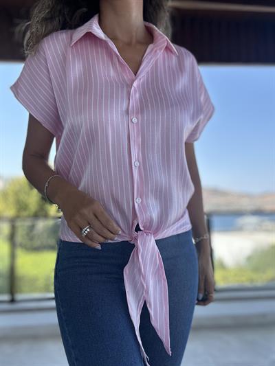 Pembe Üzeri Beyaz Çizgili Bağlamalı Gömlek