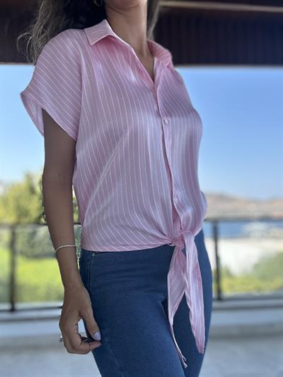 Pembe Üzeri Beyaz Çizgili Bağlamalı Gömlek