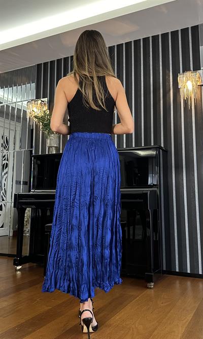 Saks Mavisi Beli Lastikli Kırışık Saten Etek