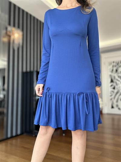 Saks Mavisi Eteği Büzgülü Elbise