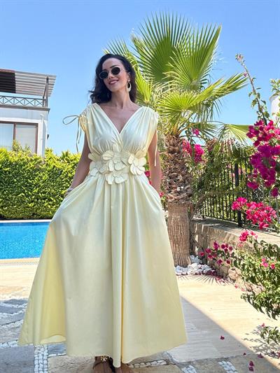 Sarı Çiçek Süslemeli Tasarım Elbise 