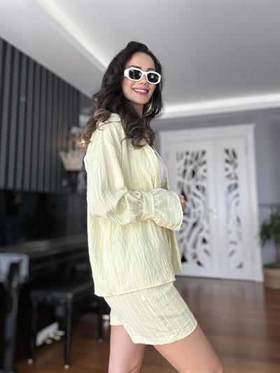 Sarı Çizgili Şort Gömlek Takım 