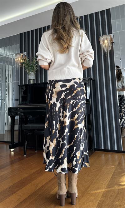 Siyah Bej Kahve Leopar Desen Midi Saten Etek