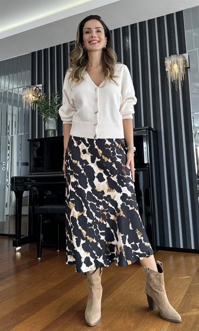 Siyah Bej Kahve Leopar Desen Midi Saten Etek