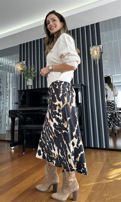 Siyah Bej Kahve Leopar Desen Midi Saten Etek