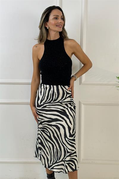 Siyah Bej Zebra Desen Midi Saten Etek