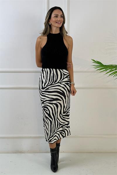 Siyah Bej Zebra Desen Midi Saten Etek