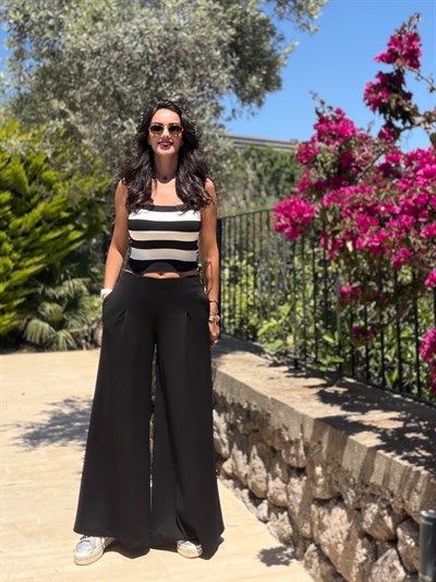 Siyah Beli Gizli Lastikli Modal Palazzo Pantolon