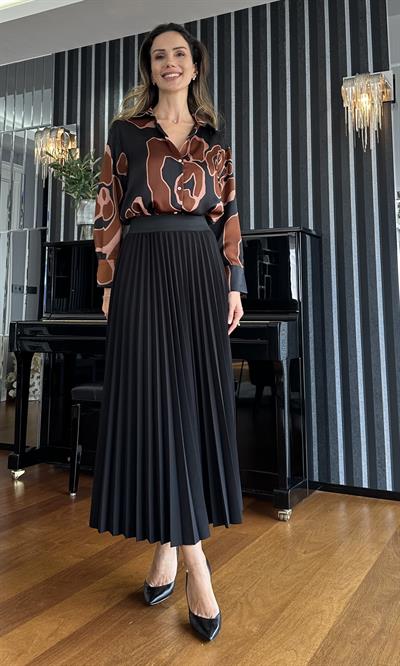 Siyah Beli Lastikli  Piliseli Midi Etek
