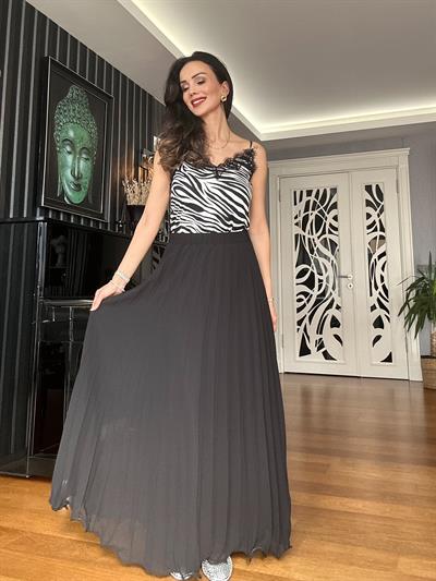 Siyah Beli Lastikli Şifon Piliseli  Maxi Etek