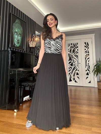 Siyah Beli Lastikli Şifon Piliseli  Maxi Etek